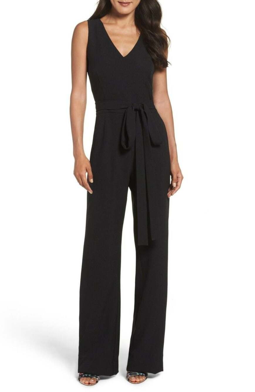 Vince Camuto Women's Black Tie-Front Wide-Leg V-Neck Sleeveless Jumpsuit Size 16